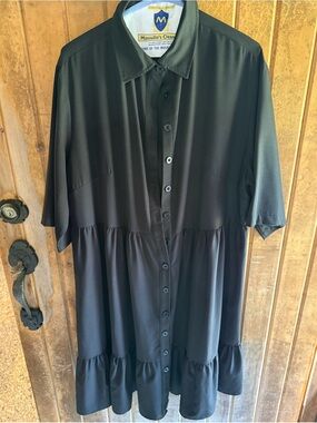 Black Button Front Collared Tiered Ruffle Hem Shirt Dress 2X